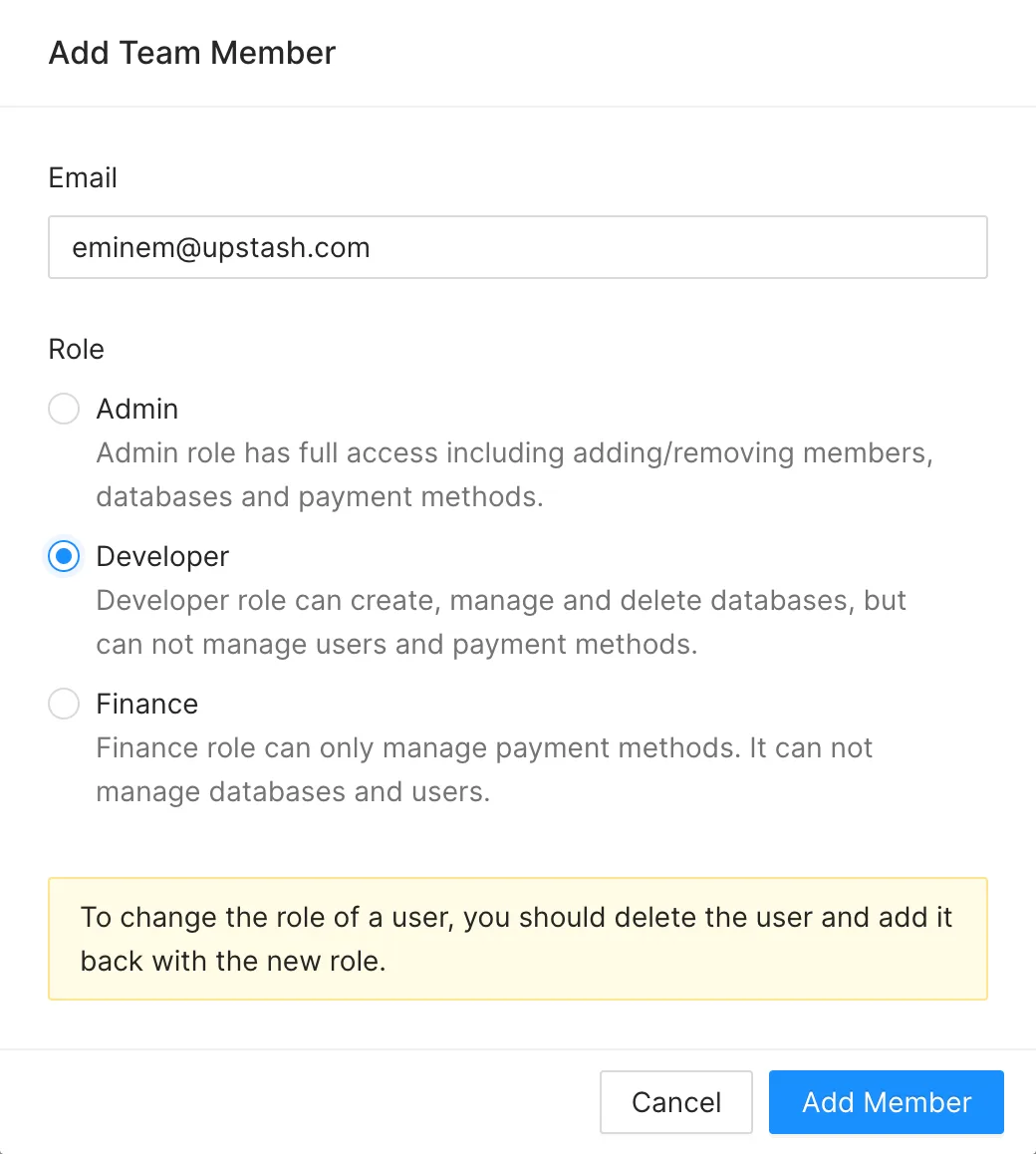 Invite team member form in the Upstash Console