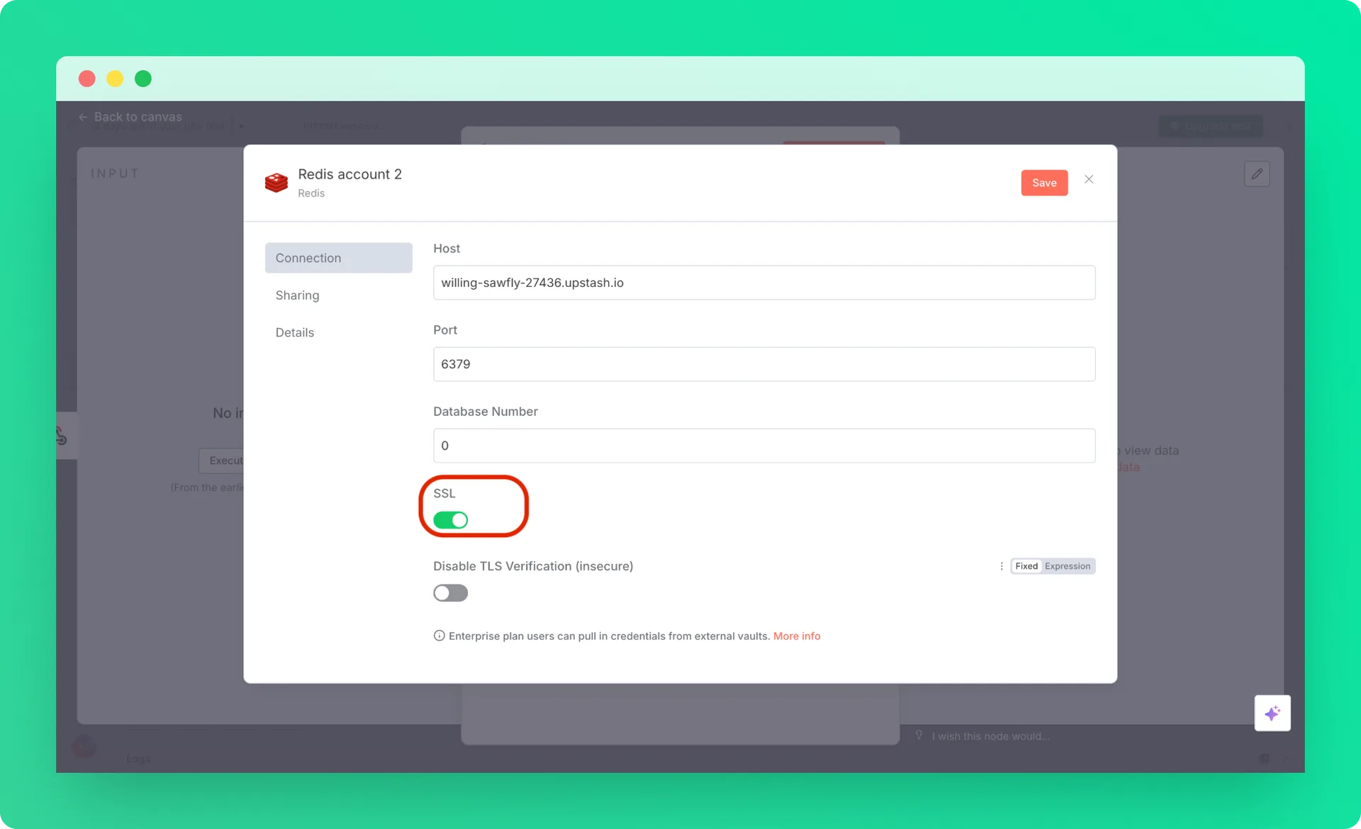 Configured Redis node in n8n